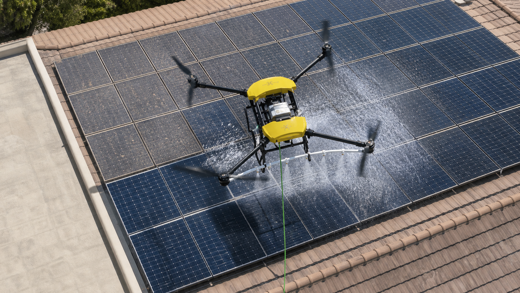 Drone cleaning a rooftop solar array