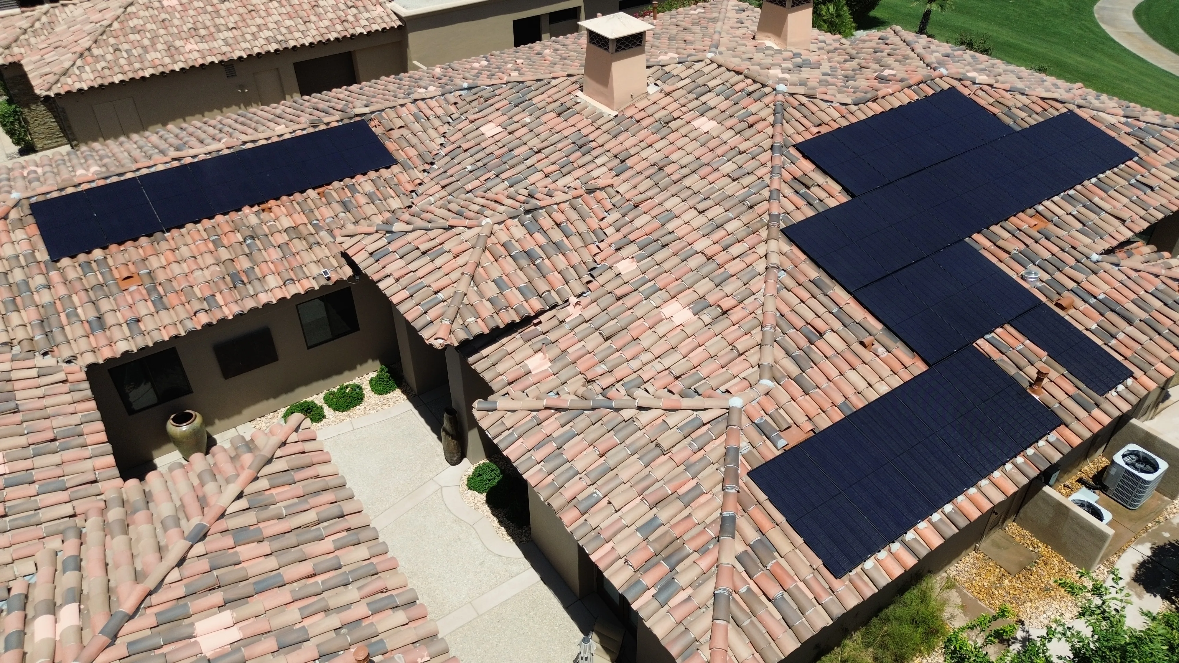 Aerial roof view showing the solar layout from above
